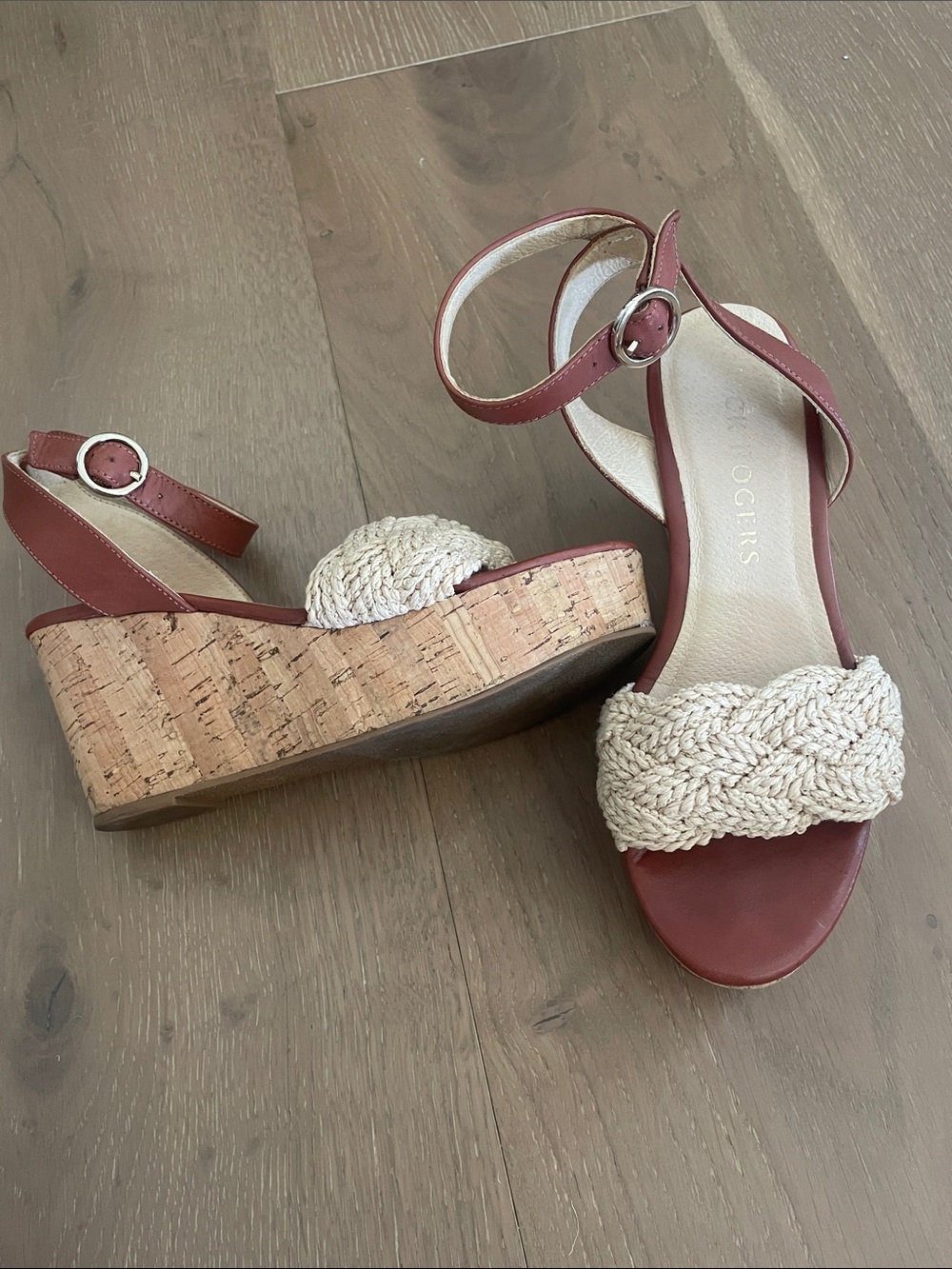 Braided Jack Roger’s Straw Cork Wedge Sandals - Red Brown